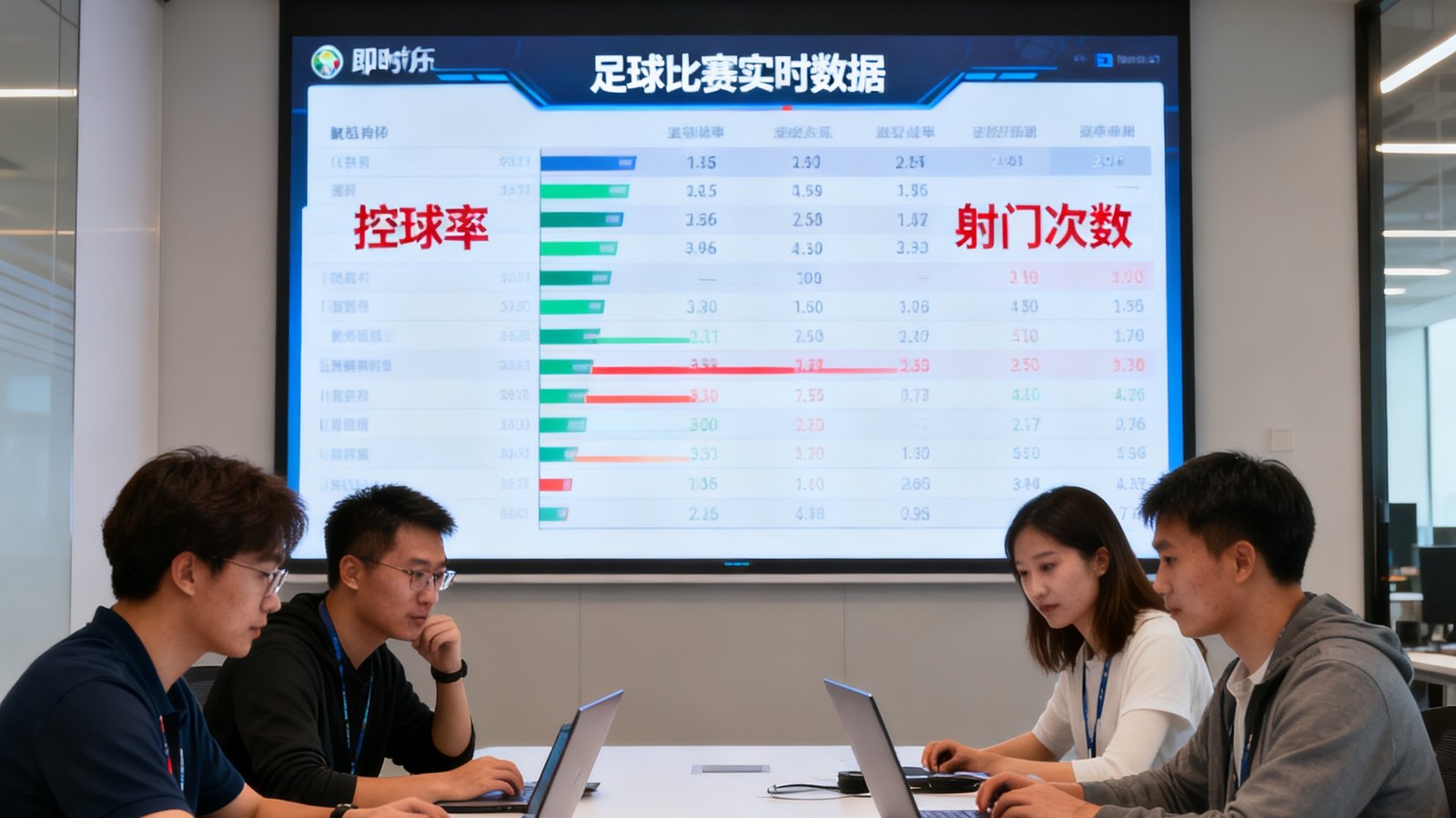 即时比分团队在数据中心讨论赛事实时数据，大屏显示足球比赛控球率与射门次数